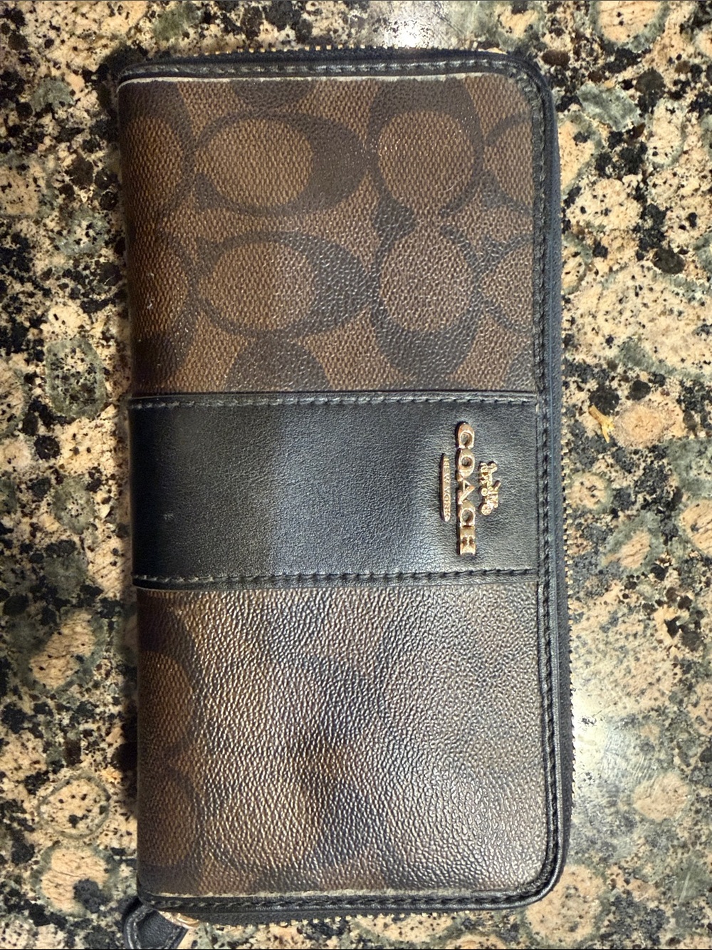 Coach Brown and Black Signature Zip Wallet